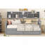 Lit de jour simple, support en lattes de bois, avec tablettes de chevet et deux tiroirs, gris