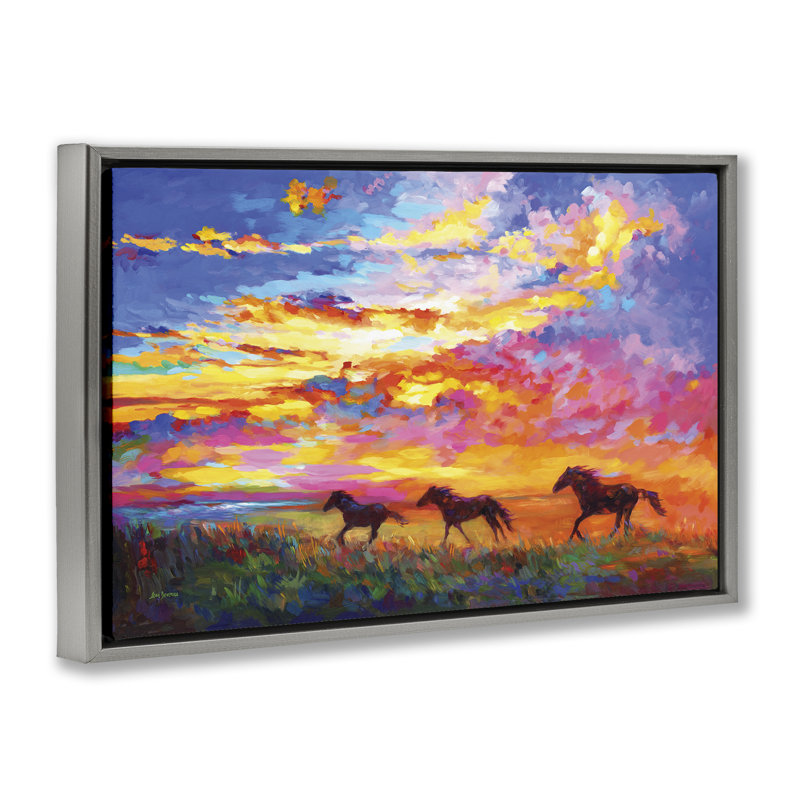 «Wild Horses At Sunset», toile flottante encadrée par Leon Devenice, Cadre flottant gris lustré, H 21 po x l 31 po