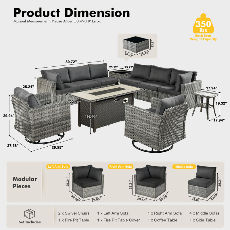 Ensemble de conversation pour patio 11 pièces avec canapé modulaire modulaire, chaises berçantes pivotantes et table foyer