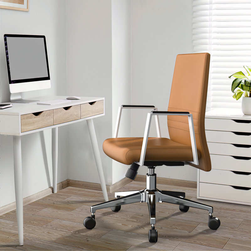 Fauteuil de bureau rembourré en cuir Waide, Brun gland de chêne