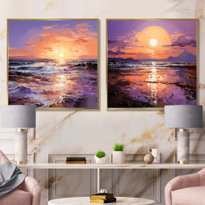 Jaune et mauve, océan, coucher de soleil, étreinte I - ensemble de 2 impressions sur toile