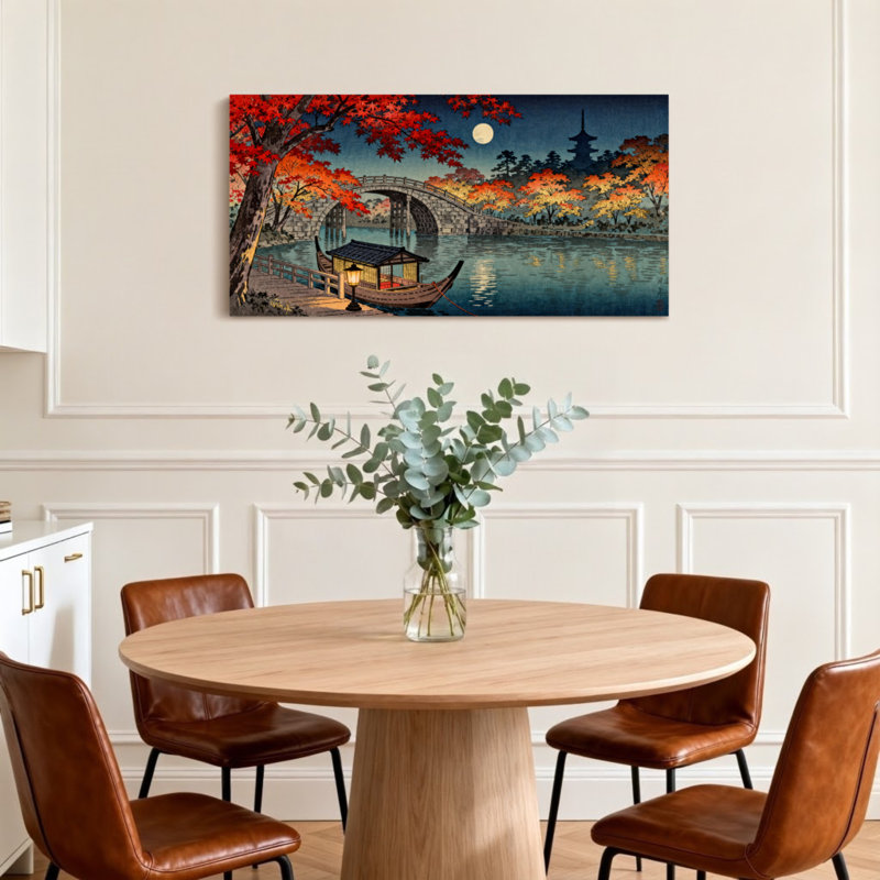 Paysage et nature Automne Lune pont bateau lanterne arbres pagode eau, H 16 po x l 32 po