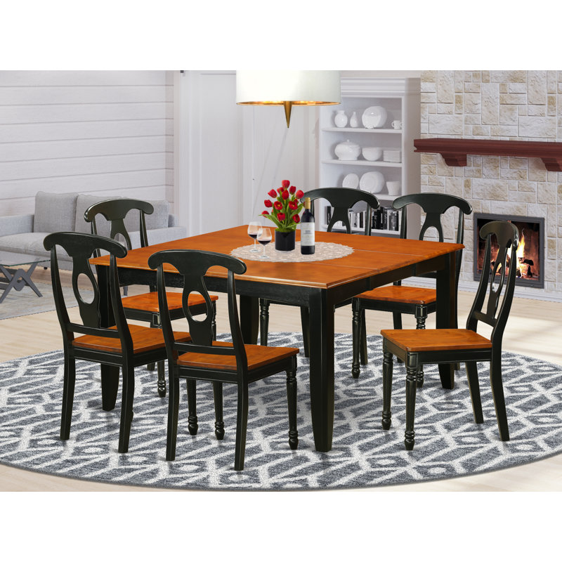 7 Piece Dining Room Furniture Set Consist of a Square Wooden Table with Butterfly Leaf and 6 Kitchen Dining Chairs, Black & Cherry