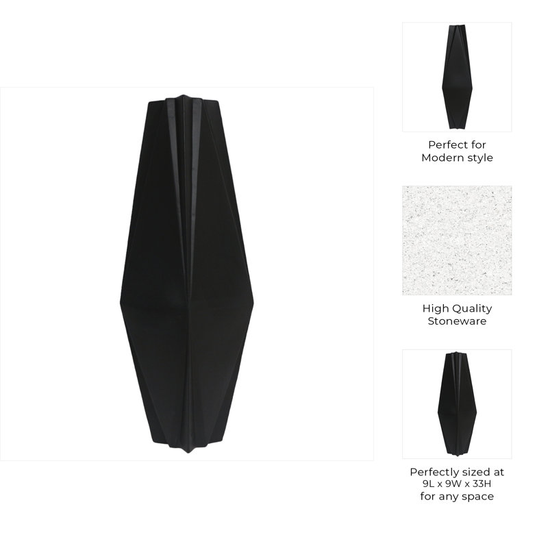 Modern Geometric Vase for Living Room Decor - Decorative Ceramic Tall Flower Vase for Table Decor or Office Desk - Black