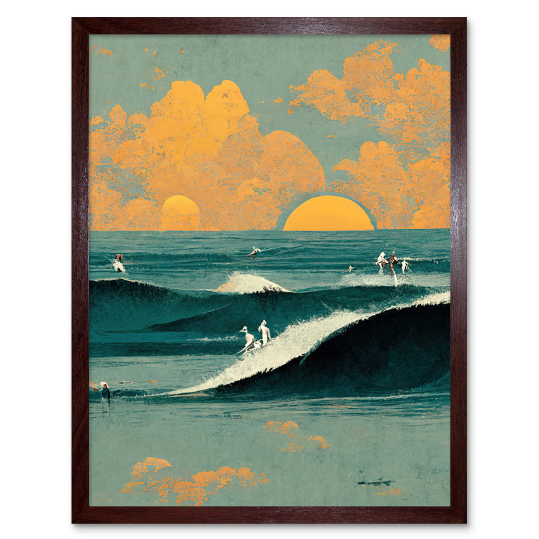 Surfers Surfing Chasing Waves Sunset Abstract - Print
