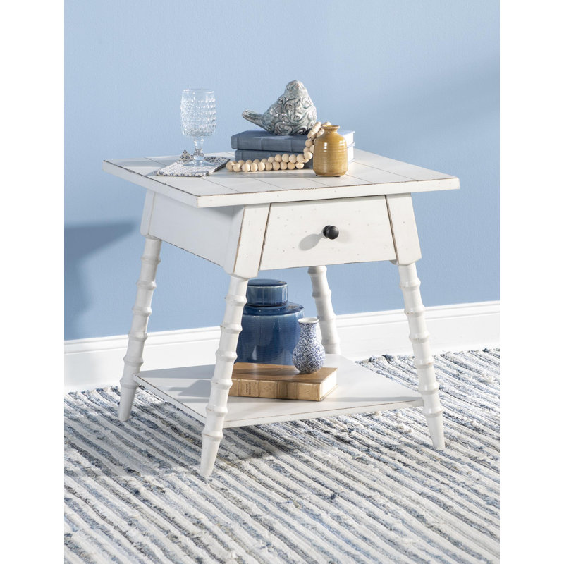 Country Living Vintage Market Splayed Bobbin Leg End Table with Drawer and Shelf, White