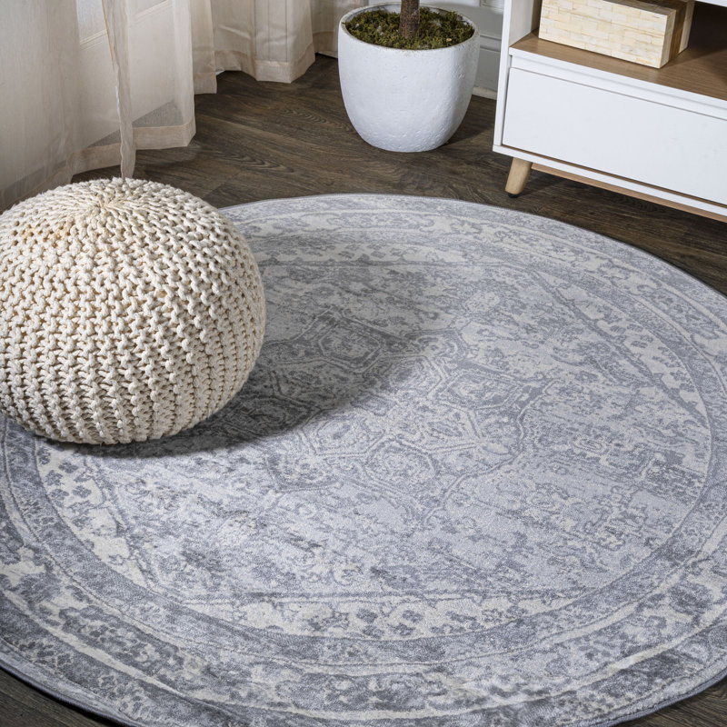 Modern Persian Vintage Medallion Light Gray/Ivory Rug, Round 5'