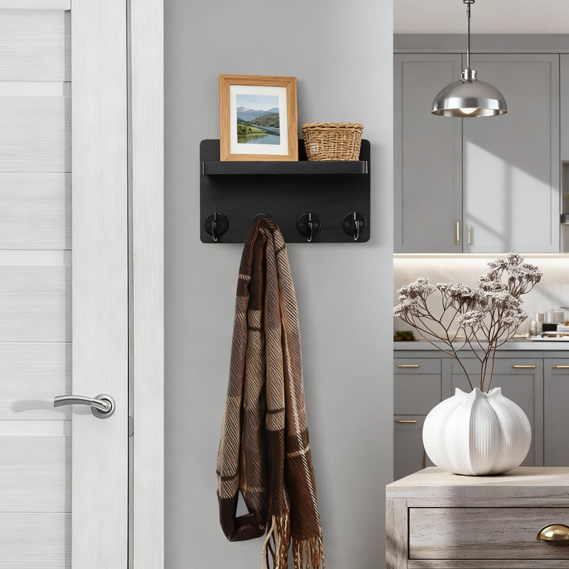 Support mural en bois pour porte-clés avec 4 crochets et tablette de présentation, organisateur mural peu encombrant pour le vestibule, le salon, la cuisine et le bureau personnel