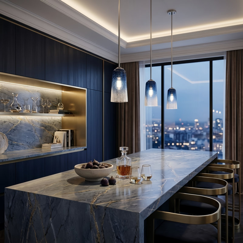 Luminaire suspendu en forme de cloche moderne en nickel / or à 1 lumière de 6,1 po avec verre bleu / blanc pour salle à manger ou îlot de cuisine