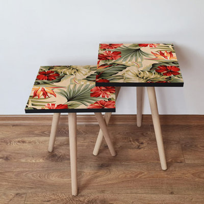 Charming Flower-Inspired Nesting Table Set (2 Pieces), Beige, Green, Orange & Red | 100% MDF with Beech Wood Legs | Bigger Table: 13.8 x 18.5 x 13.8 inches, Smaller Table: 13.8 x 16.5 x 13.8 inches | Ideal for Living Room & Cozy Spaces
