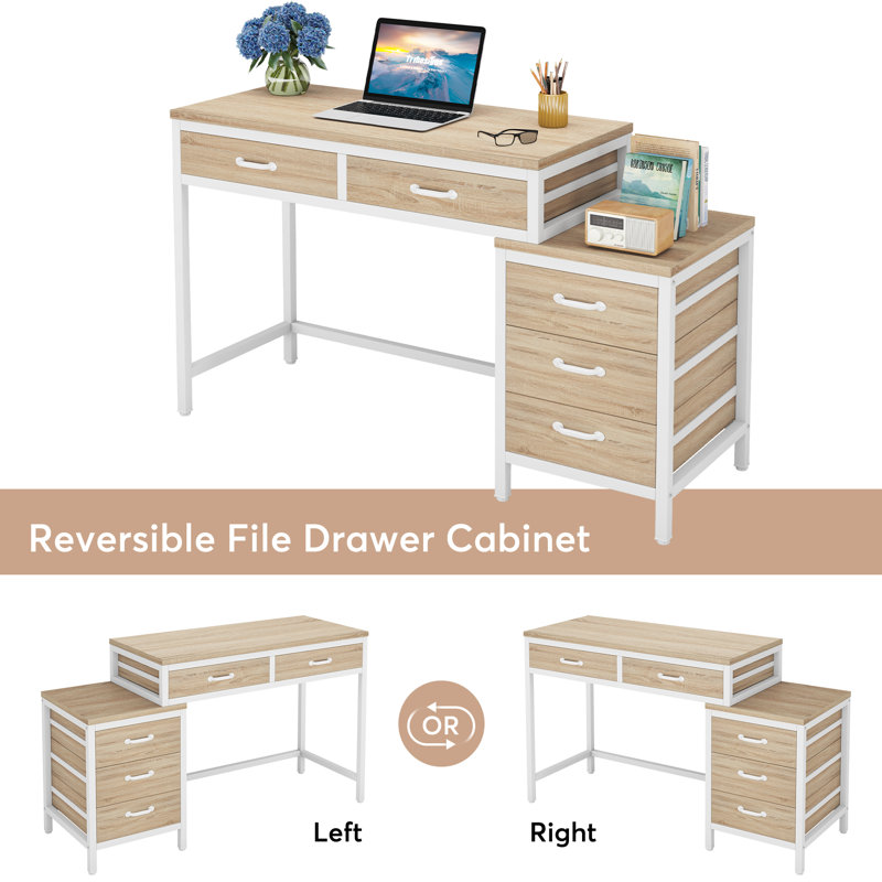 51''W Reversible Desk with Drawers, Walnut/White