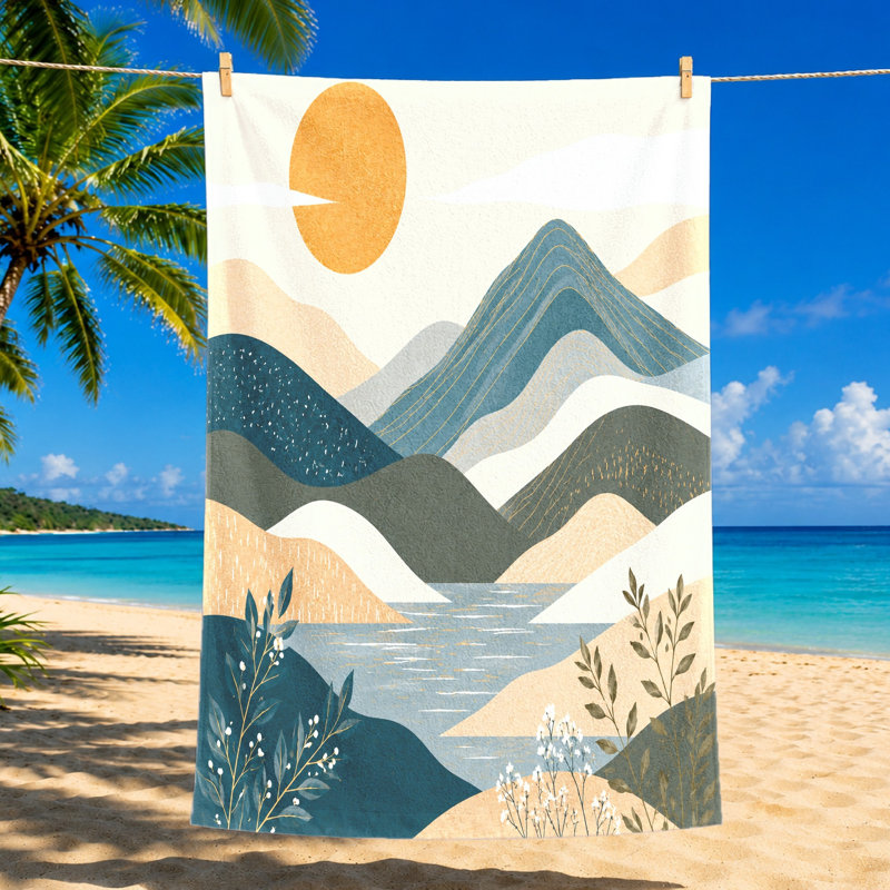 Serviette de plage 1Pcs, avec un paysage serein avec des collines et une rivière sous un soleil éclatant, parfaite pour les sorties, les voyages et les aventures en plein air.