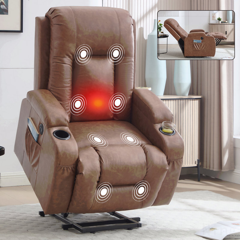 Brown PU Power Lift Recliner - 8-Point Massage, Lumbar Heating, USB, Cup Holders, Infinite Position, Brown