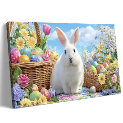  Bunny Easter Canvas Wall Art, Rustic Spring Rabbit Painting Easter Decorations, Vibrantly Colored Easter Pictures Inspirational Bunny Artwork Decor for Living Room Bedroom, 12x16 inches