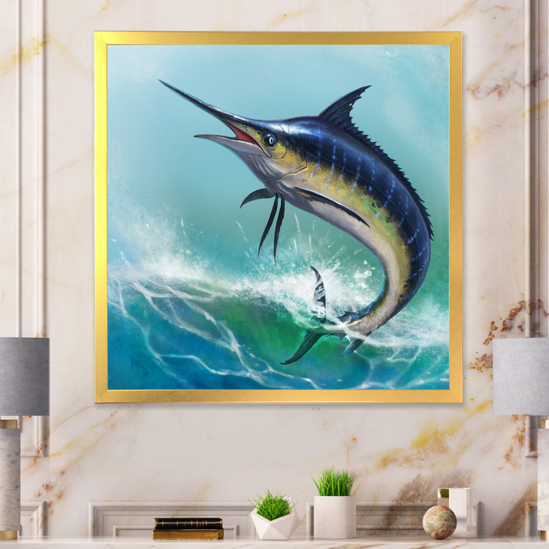 Marlin bleu dans l'océan - Peinture, Cadre photo doré, H 30 po x l 30 po