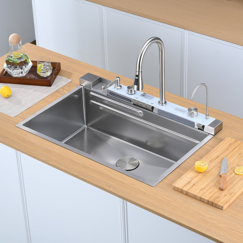 Évier de cuisine à simple cuve encastrable en acier inoxydable 33 po x l 22 po avec affichage numérique 33 po, Nickel brossé