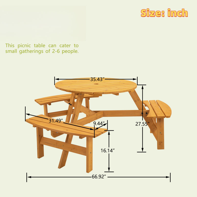 Table de pique-nique en bois Ewa pour 6 personnes avec 3 bancs intégrés, Jaune