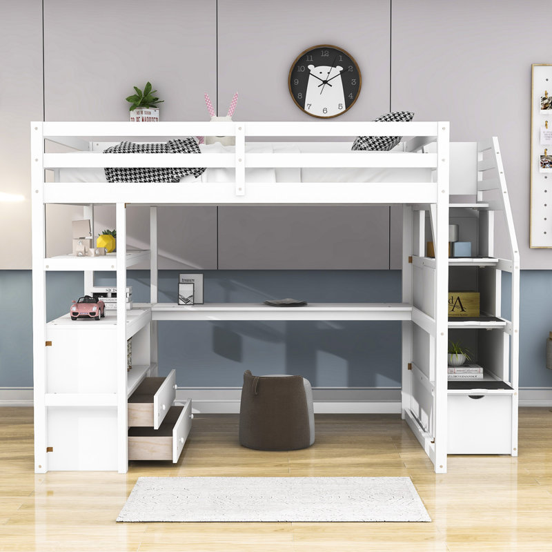 Kids Loft Bed with Drawers, Full, White