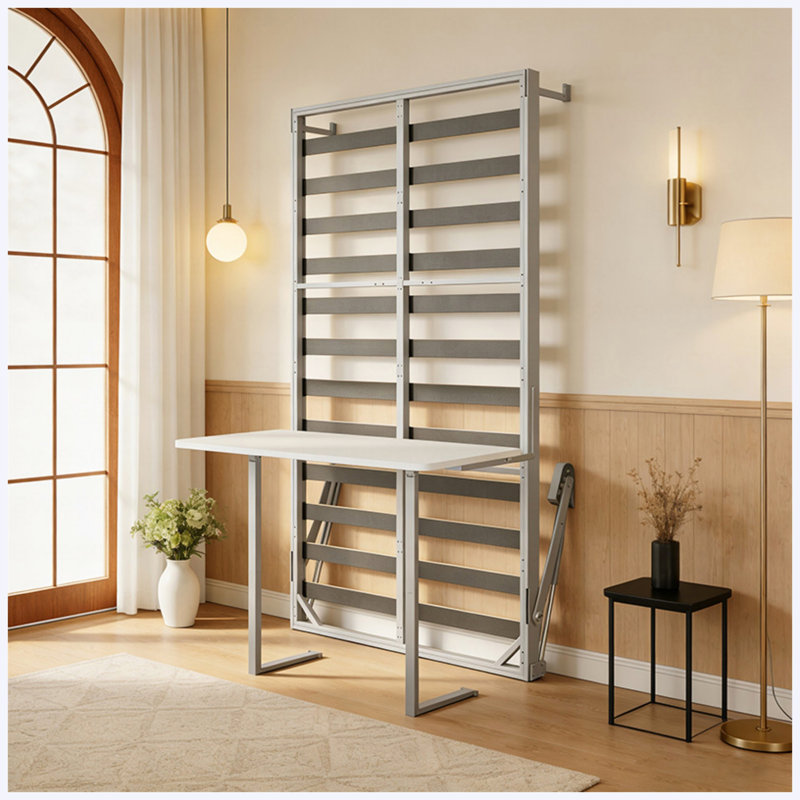 Mécanisme de lit escamotable grand format DIY avec panneau de bureau, blanc et gris