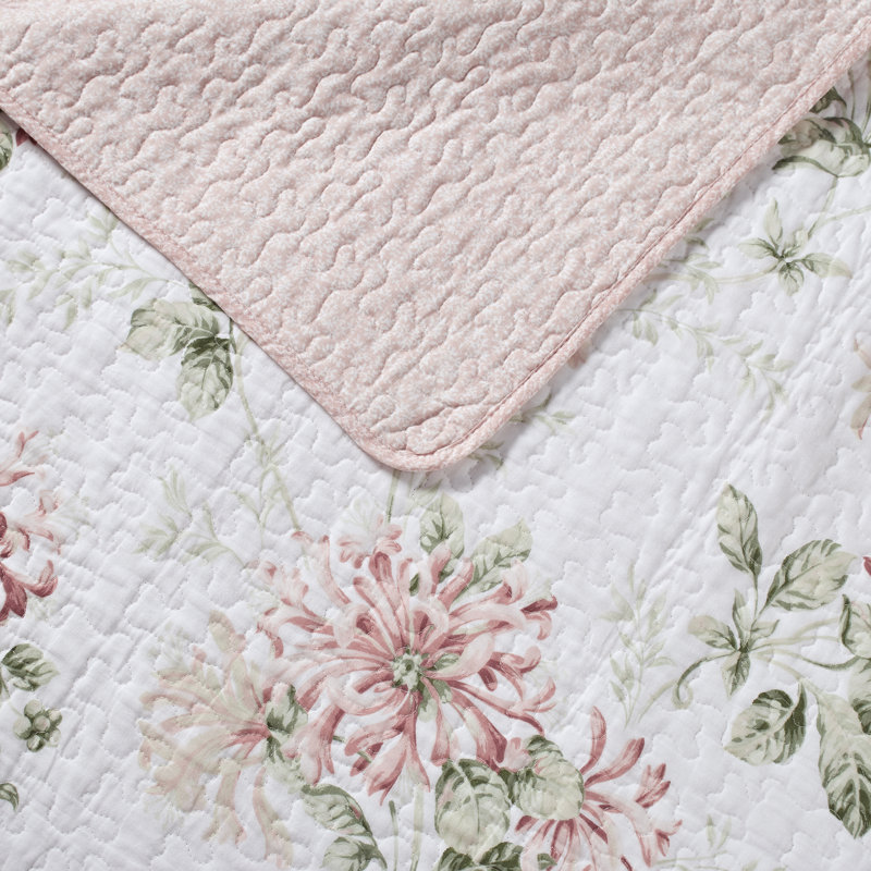 Laura Ashley Honeysuckle Cotton Reversible Peach Quilt Set, Twin Quilt + 1 Standard Sham