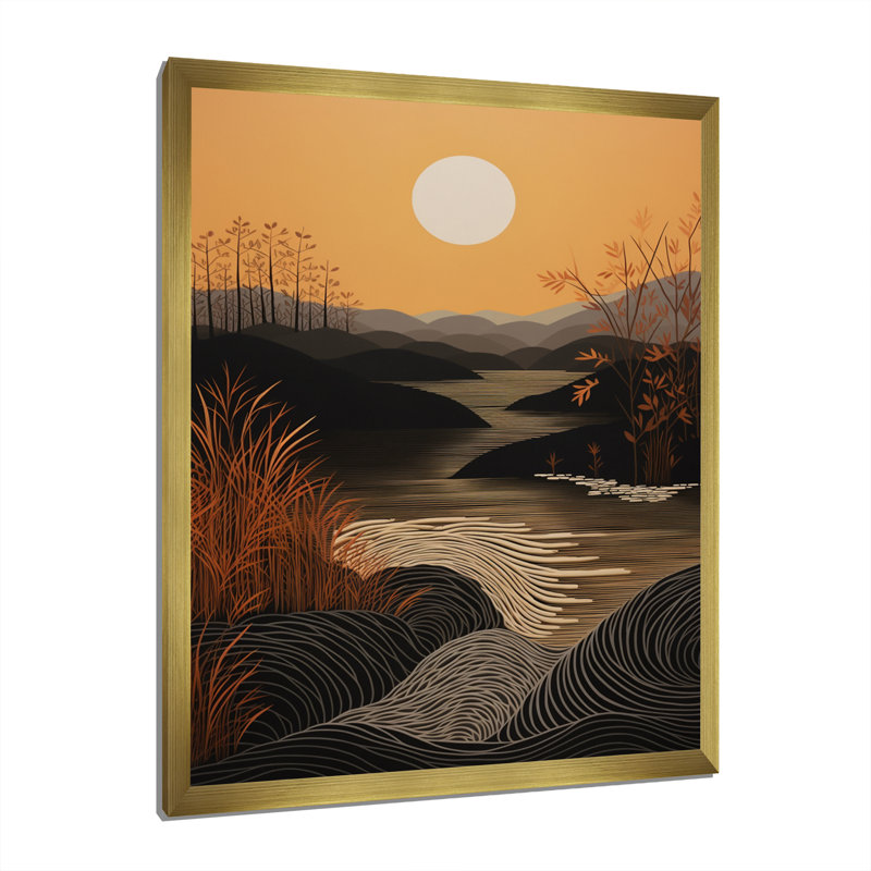 " Full Moon Mountain Trees Retro Landscape ", Gold Single Picture Framed, 32" H x 16" W x 1" D