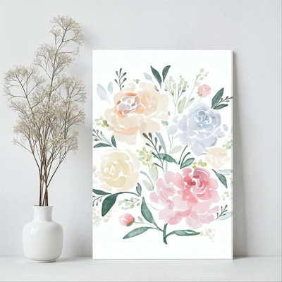 1Pc Framed Canvas Poster Print Floral pattern, watercolor roses and green leaves, soft watercolor style Wall Art, Wall Decor, Perfect for Room Decor L
