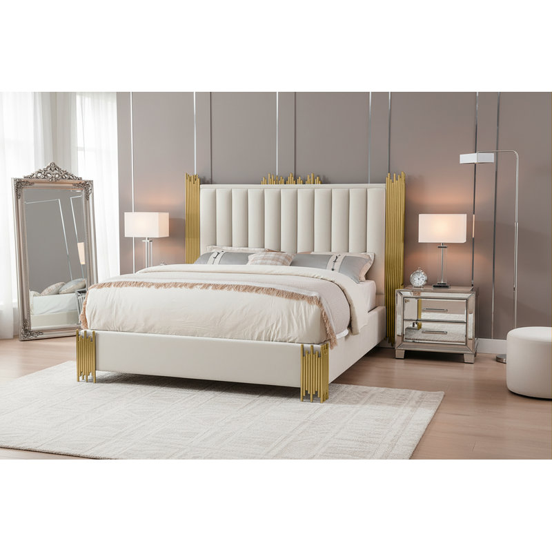 Lit tapissier standard à profil bas Elvyra, Très grand, Crème / doré