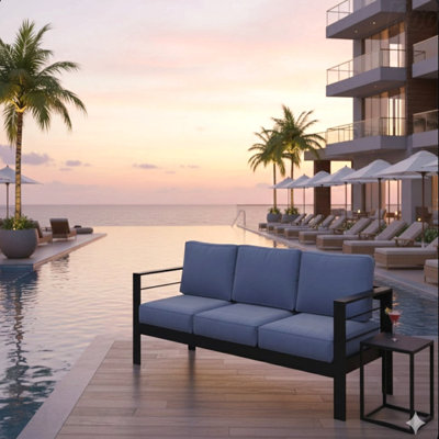 73" All-Weather Aluminum Patio Sofa, 3 Seat Outdoor Couch With  Thick Blue Cushions & Black Frame