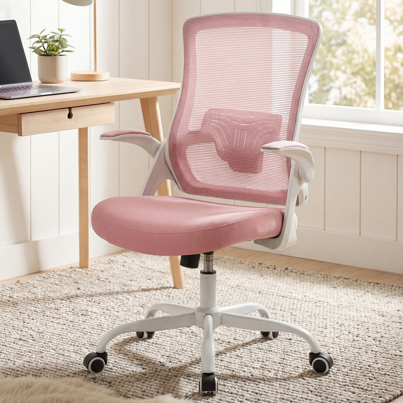Chaise de bureau ergonomique Neeya, Rose, Base en acier, Sans repose-tête