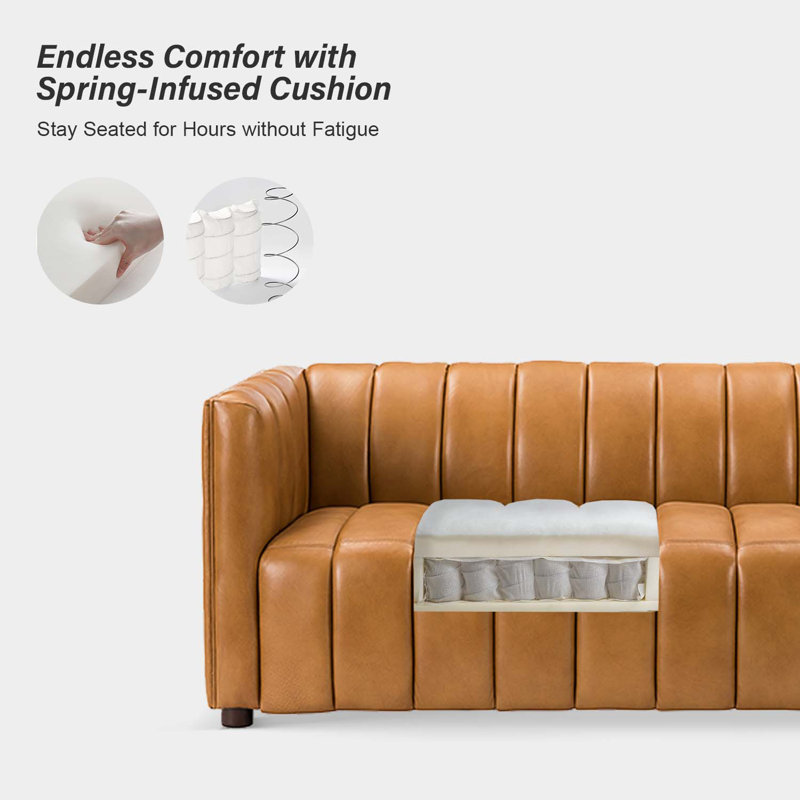 Claudio 83'' Genuine Leather Channel Tufted Sofa, Camel Genuine Leather