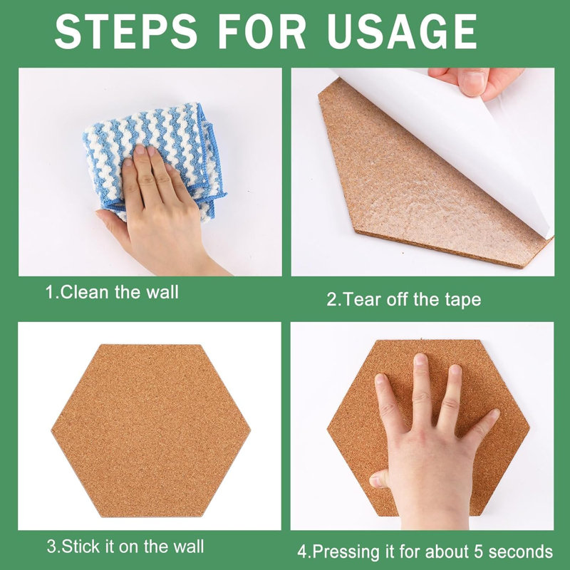 10 Pack Self-Adhesive Cork Board Tiles Hexagonal Cork Board Mini Wall Bulletin Board With 50 Multi-Colour Push Pins