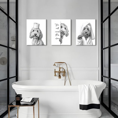 Framed Funny Bathroom Canvas Wall Art Set Of 3,  Cute Dog Pictures Wall Decor, Humour Animal Paintings Toilet Signs Prints Home Decor For Restroom 12X16 Inch