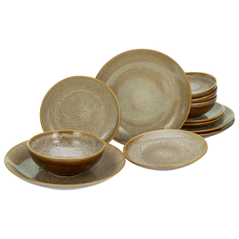 Reactive Nostalgic Black, Tableware Set, Plate Set 12 Pieces, Cognac