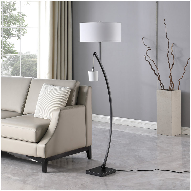 59" In Contemporary Dual Black Arc W/ Hanging Pendelum Lamp Metal Floor Lamp, Matte Black