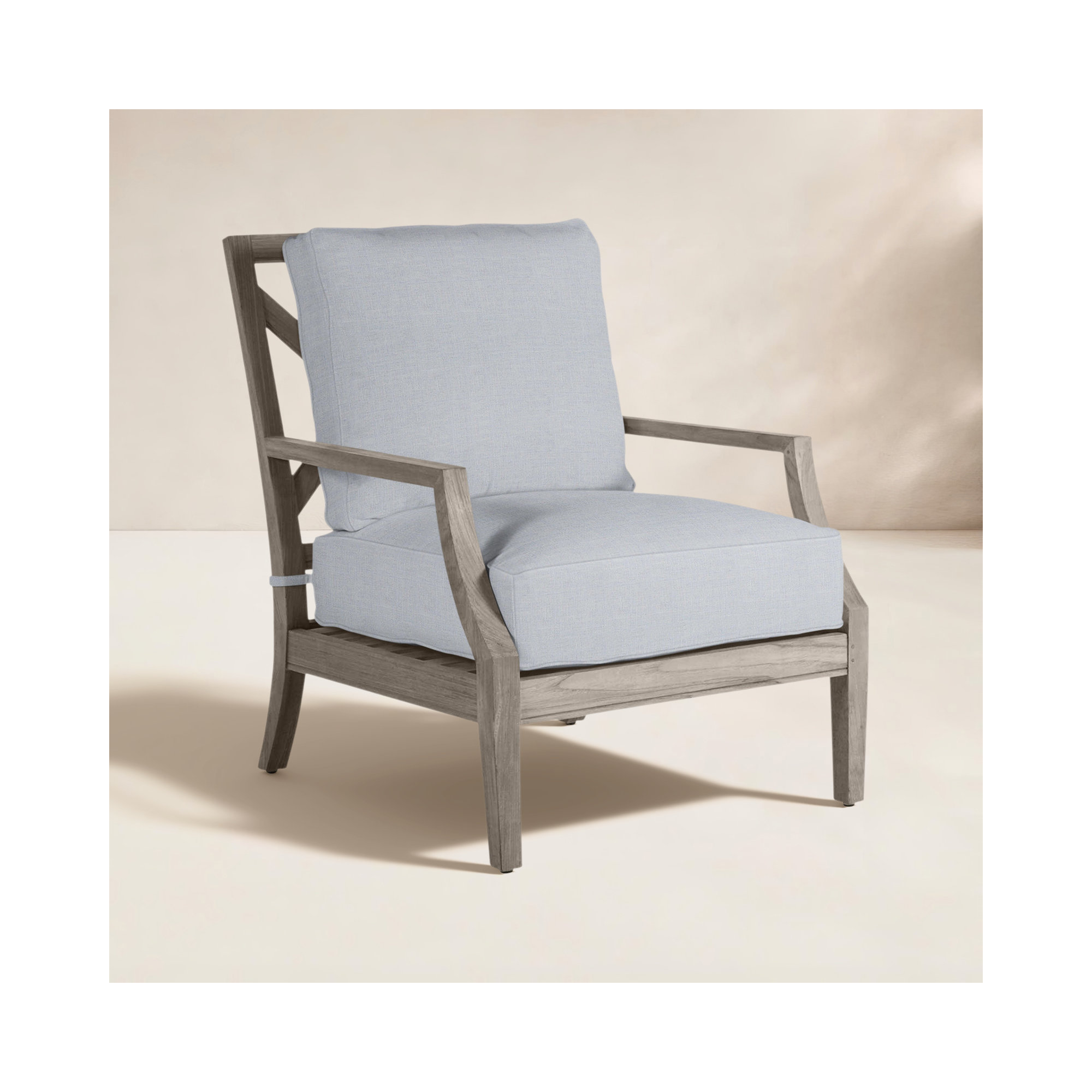 Haley Teak Outdoor Lounge Chair Latticework Back, Linen Chambray, No welt + Standard fill, Oyster Teak