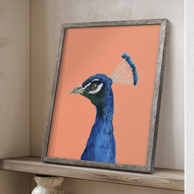 «Peach Peacock Portrait II», reproduction encadrée - bois massif, H 15 po x l 12 po