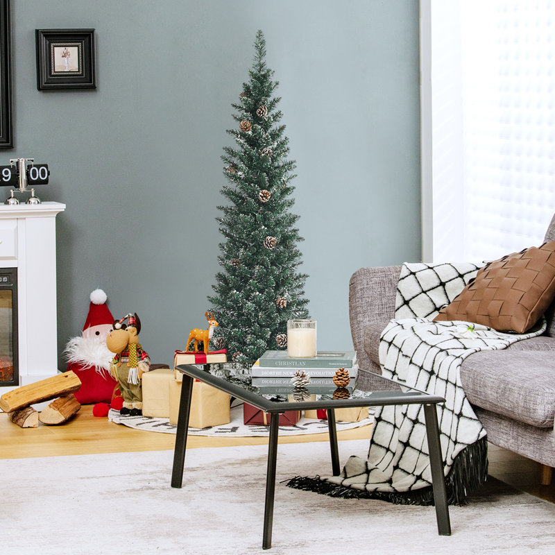 Arbre de Noël mince pin vert / blanc avec pommes de pin, 6 pi