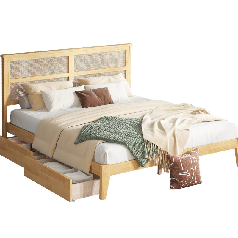 King Size Bed With Fascinating Woven Headboard And Two Practical Storage Units Drawers Functional