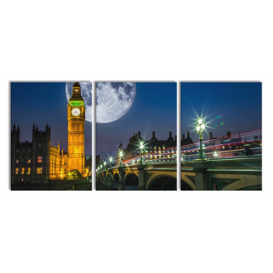 3-tlg. Leinwandbilder-Set Big Ben vor Mond in London