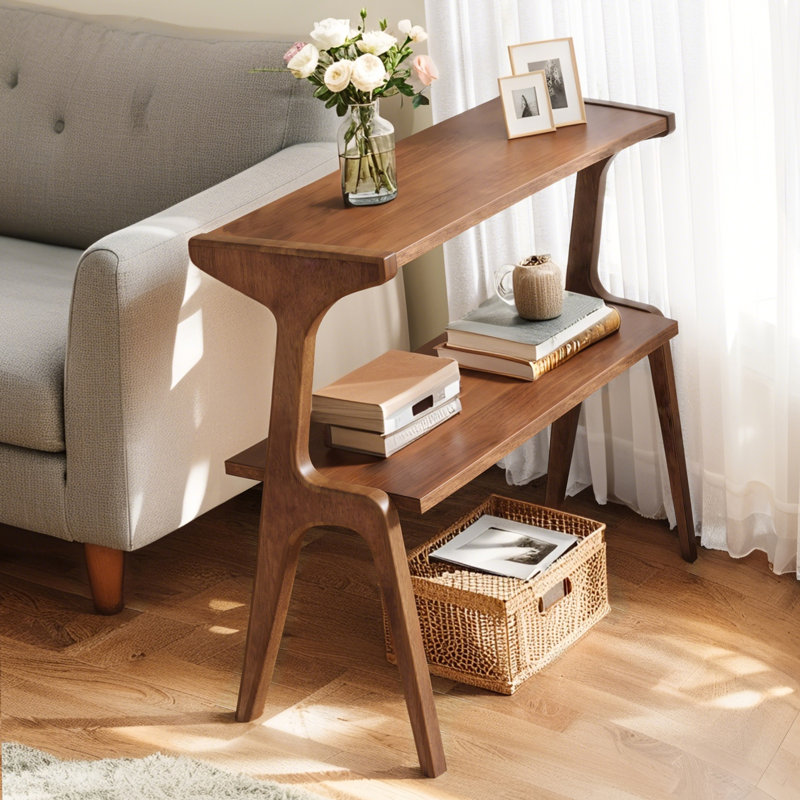 Table de bout en bois massif, table d'appoint à 2 niveaux avec tablette de rangement, Brun rustique