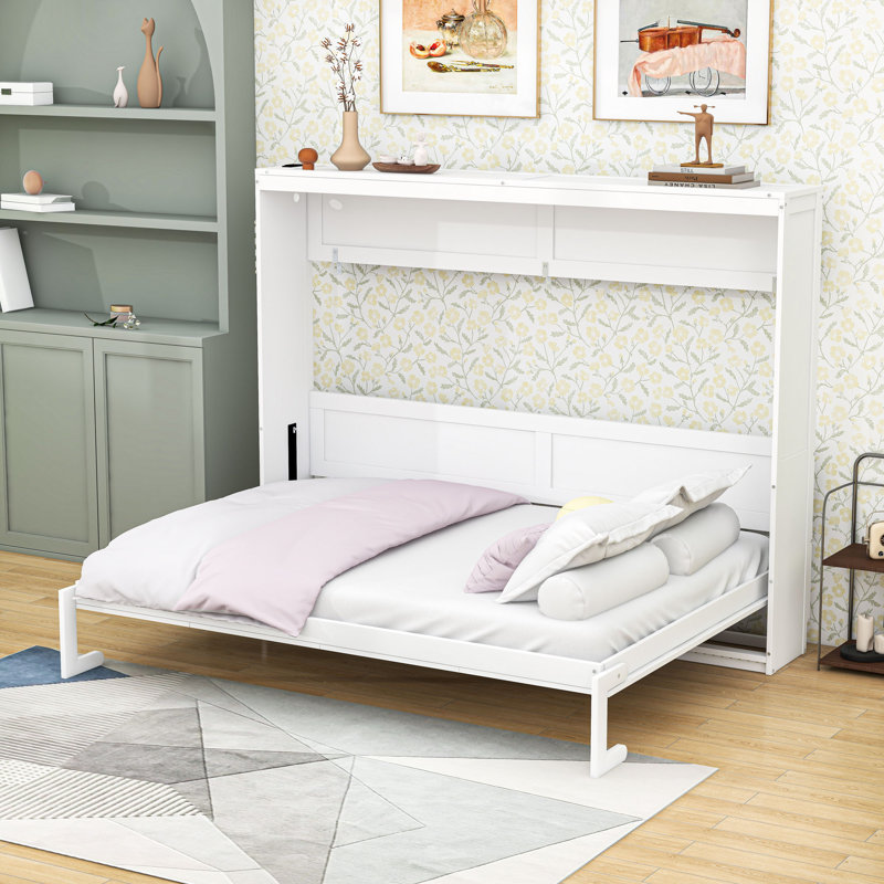 Lit escamotable avec éclairage DEL et prise USB, Grand lit, Blanc
