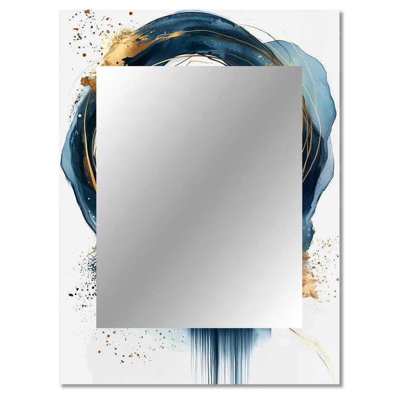 Abstract Gold And Blue Underwater Life III - Abstract Shapes Decorative Wall Mirror, Gold Mirror, Printed Metal Art