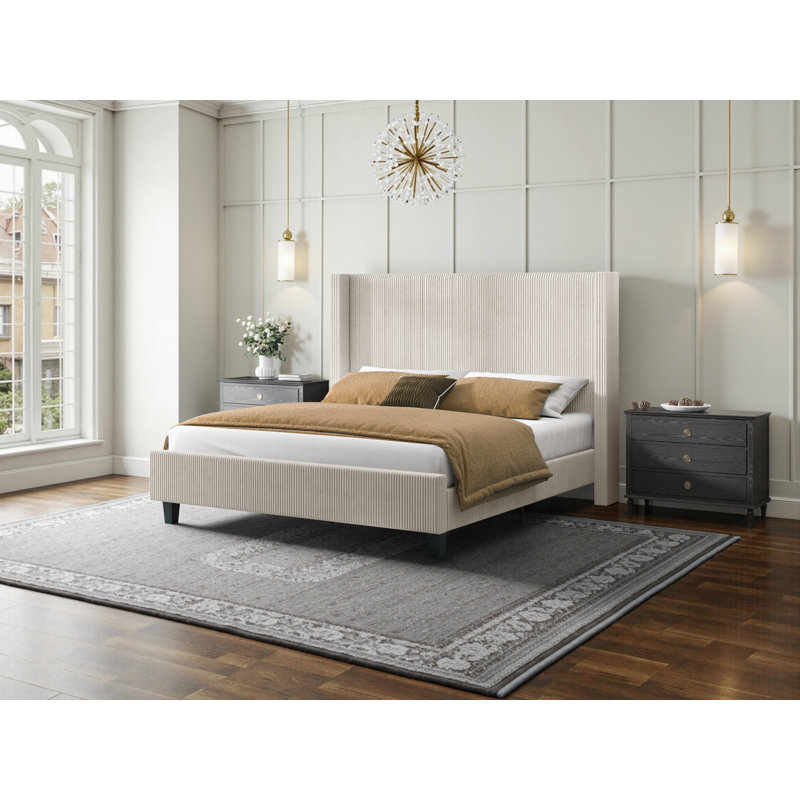 Lit tapissier Wauseon, Velours côtelé crème, Grand