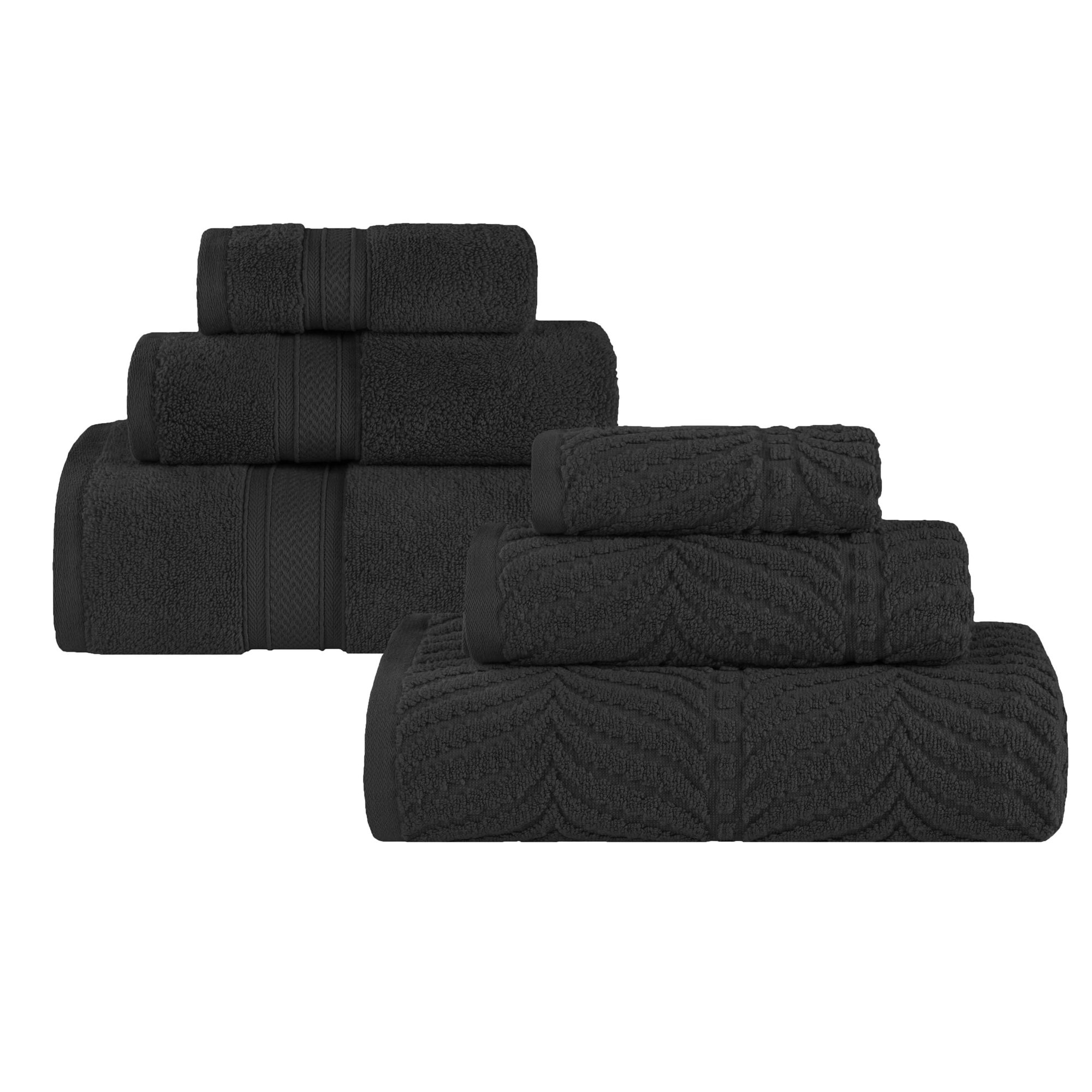 Amaretto Chevron Zero Twist Solid and Jacquard Cotton 6 Piece Bathroom Towel Set, Black