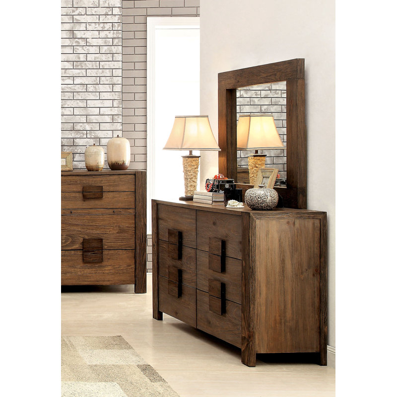 Commode double 6 tiroirs avec miroir Kerrissa, Rustic Natural Tone