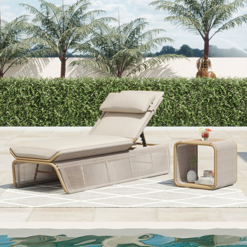 Harper Outdoor Chaise Lounge with Table , Cushion Included, White, Canvas Vellum