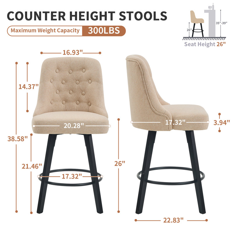 Swivel Bar Stools, 26'' Upholstered Counter Stool with Solid Wood Frame, Beige
