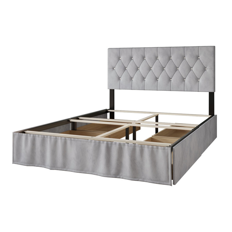 Lit à panneaux tapissier avec rangement Tandy, Simple, Gris argenté