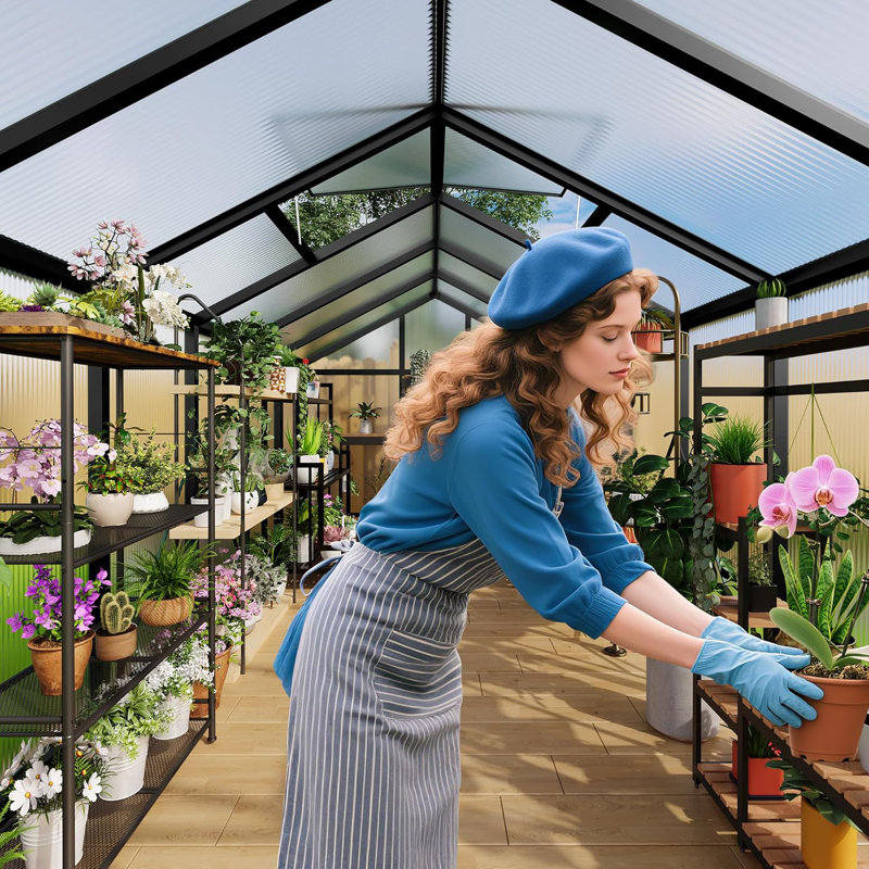 8×12 FT Polycarbonate Greenhouse, Walk-In Outdoor Garden Green House with Aluminum Frame, Roof Vent, Quick-Setup, Silver