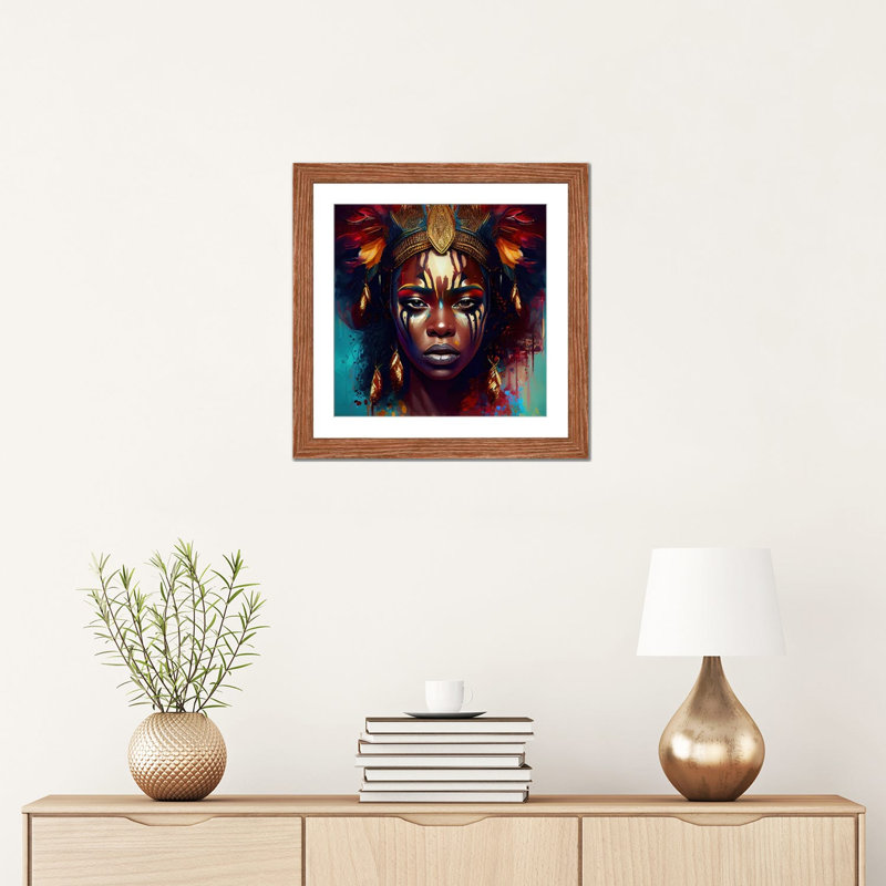 Powerful African Warrior Woman III, Classic Wood Open Corner Frame Paper, 16" H x 16" W x 1" D